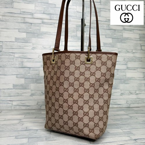 GUCCI GG Canvas Tote Bag Authentic Brown Leather Trim Women's Handbag