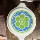 Vintage Pyrex Round Casserole Dish w/ Lid & Handle, Green White Blue