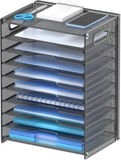 OUTWOLF 10 Tier Paper Organizer - Letter Tray Mesh Desk File Organizer with Hand