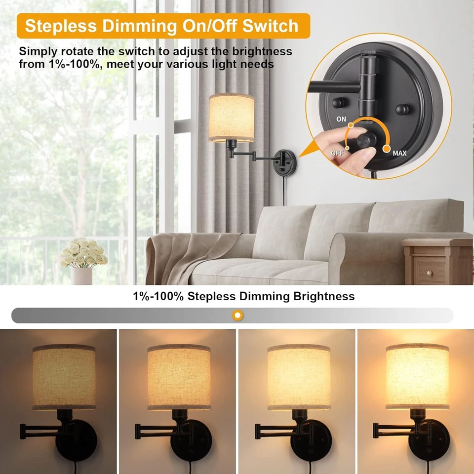 Apliques de pared enchufables regulables, lámpara de pared de brazo oscilante, juego de dos apliques de pared, plu Foto 4 de 4