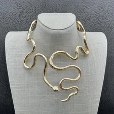 Statement Snake Serpent Collar Necklace Gold Tone Sculptural Hinged Bold Choker