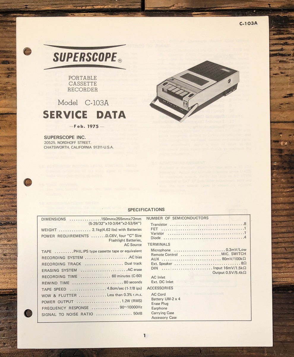 Superscope C-103A C-103 A Cassette Service Manual *Original*