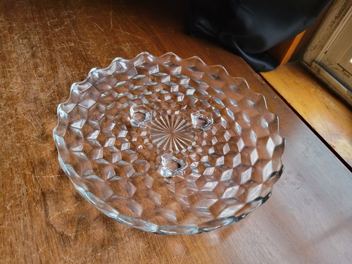 Vintage Glass Fostoria American Clear Glass Footed Cake Plate 12" Cube Motif