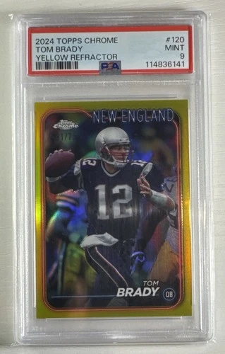 Tom Brady 2024 Topps Chrome Yellow Refractor #120 #/75 Patriots - PSA 9