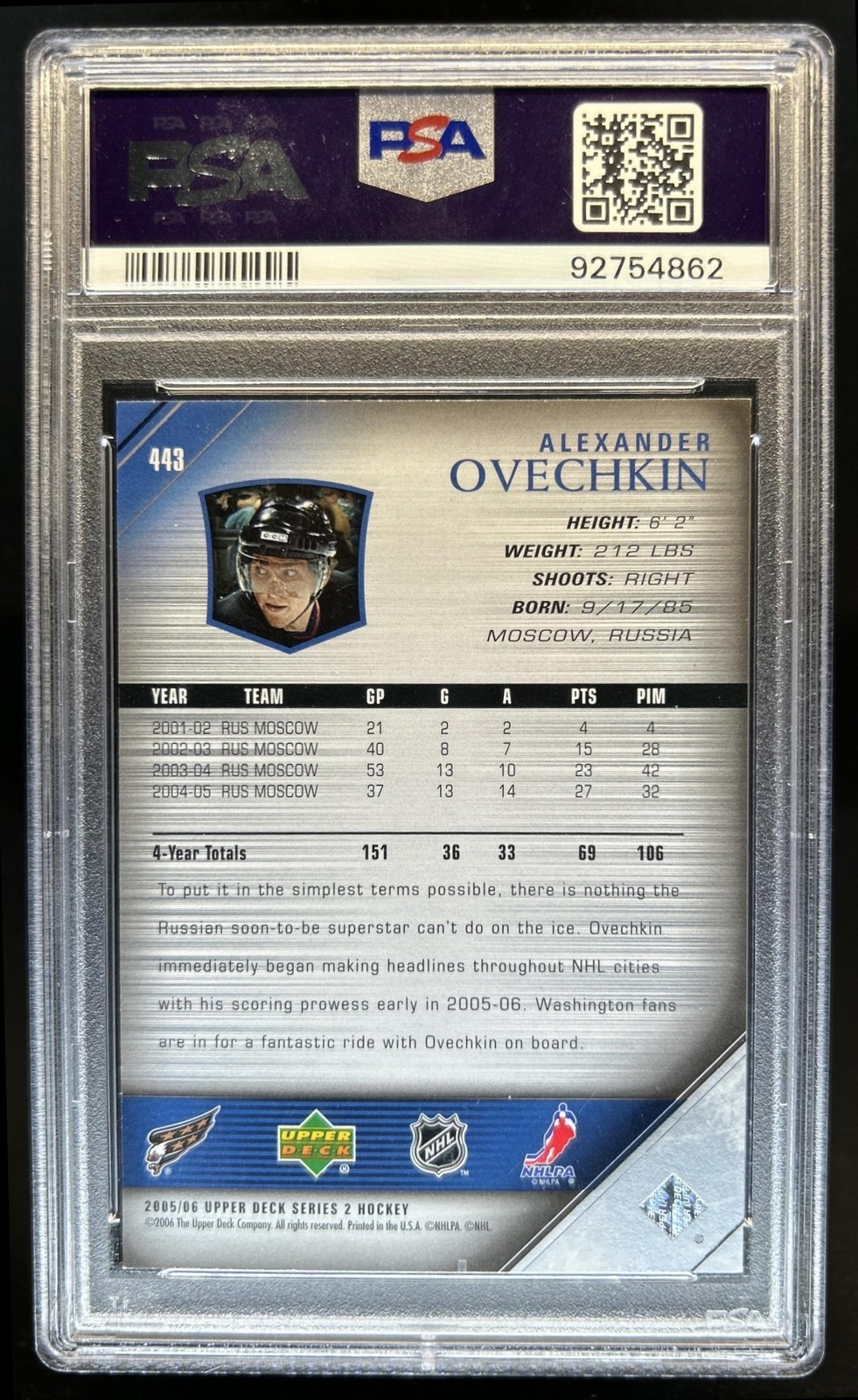 2005-06 Upper Deck Alexander Ovechkin Rookie Young Guns RC #443 Capitals PSA 9 view 2