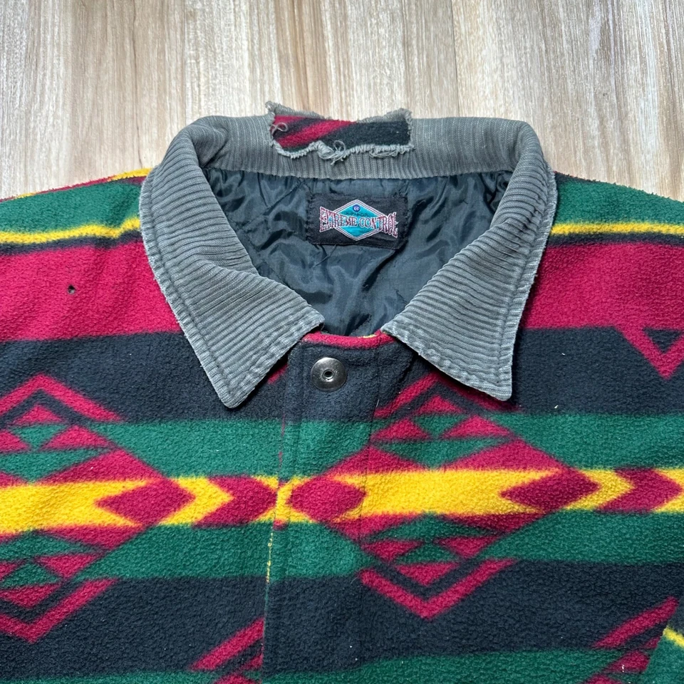 Vintage 90s Extreme Control Southwest Geometric Fleece Jacket L Corduroy Aztec - Image 2 of 4