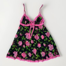 Vintage Betsey Johnson Intimates Babydoll Nightie Sheer Rose Lace Y2K Small