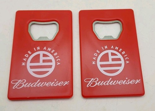 2 Budweiser Made In America W/flag Design Red Plastic Bottle Openers 3.25" L Vtg