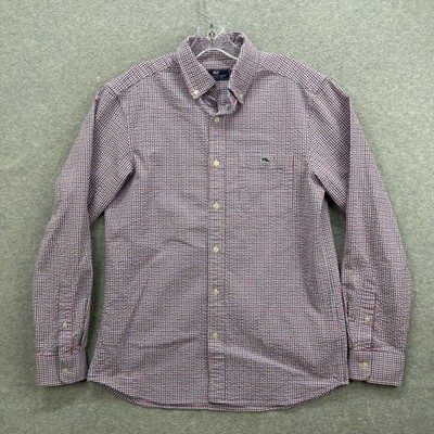 Vineyard Vines Shirt Mens Medium Red White Blue Gingham Check Seersucker Whale