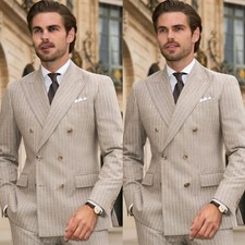 Beige Striped Men's Suits Peak Lapel Double Breasted Wedding Tuxedos Coat Pant