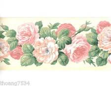 Pink Peach Roses on Cream Green Leaf Vine Garland Wall paper Border 5.25 inches