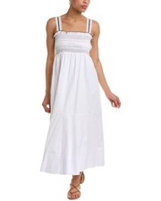 1.STATE Topstiched Smocked Bodice Maxi Dress Ultra White L Large