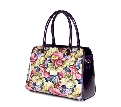NEW SERENADE ANGELIQUE GRIP HANDLE PURPLE MULTI PATENT GENUINE LEATHER HANDBAG - Picture 3 of 7