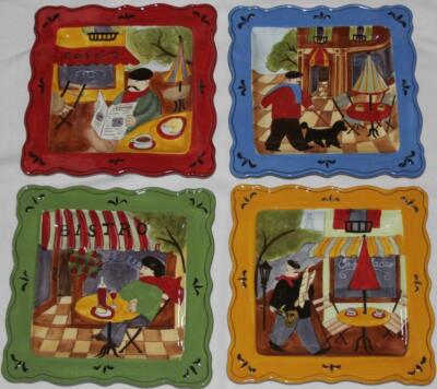4 Jennifer Brinley BISTRO SIDEWALK CAFE Scalloped Square 8-3/4'' Salad Plates HTF