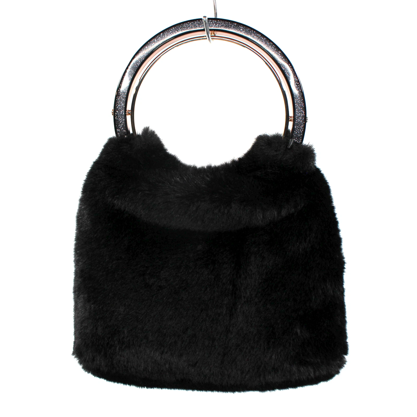 Borsa Kate Spade Betty Swag nera pelliccia sintetica manico ad anello borsetta logo invernale