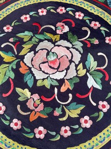 Antique Chinese Silk Embroidered Peony Flower Roundel Medallion Robe Trim VTG