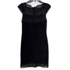 Adrianna Papell Sheath Dress Womens Size 6 Black Layered Lace Trim Short Sleeve