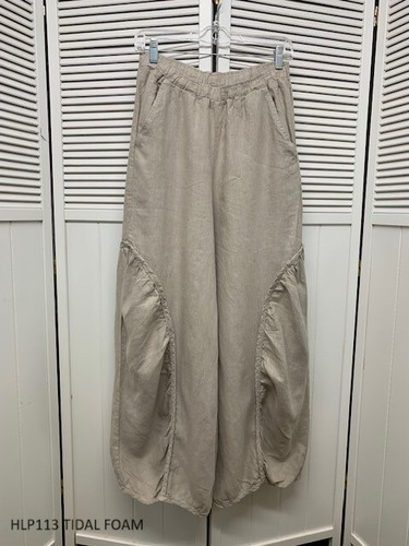 LP169 Tidal Foam Medium NWT Match Point Linen Pant Wide Leg Shirring Aladdin Tan