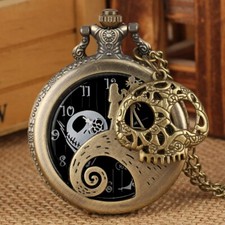 Gothic Pocket Watch Nightmare Skull Bronze Quartz Timepiece Necklace Chain Gifts