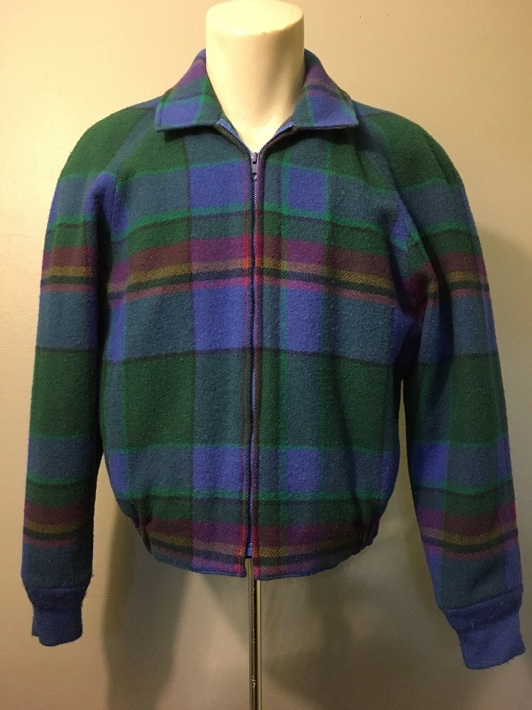 Vtg 70s 80s Ladies Pendleton Wool Plaid Bomber Jacket Womens M Zip Up Blue Green