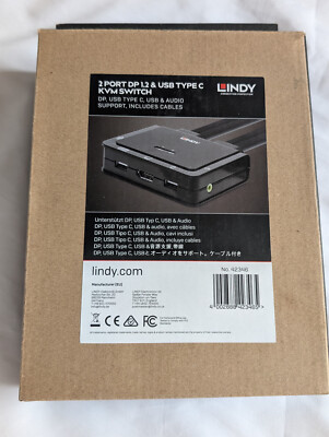 Lindy 42344 2 Port DisplayPort 1.2, USB Type C ,USB 2.0 & Audio Cable KVM Switch