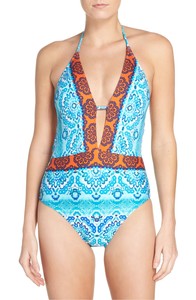 La Blanca Womens Swimwear Blue Size 14 Plunge Neck One Piece Swimsuit 112 858 Ebay