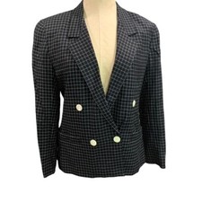 Size 10P Liz Claiborne Petites Black White Woven Check Blazer 1990s Vintage