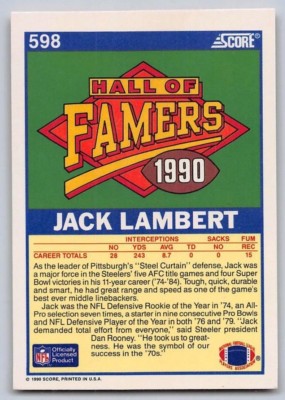 1990 JACK LAMBERT - Score HALL OF FAME Football Card # 598