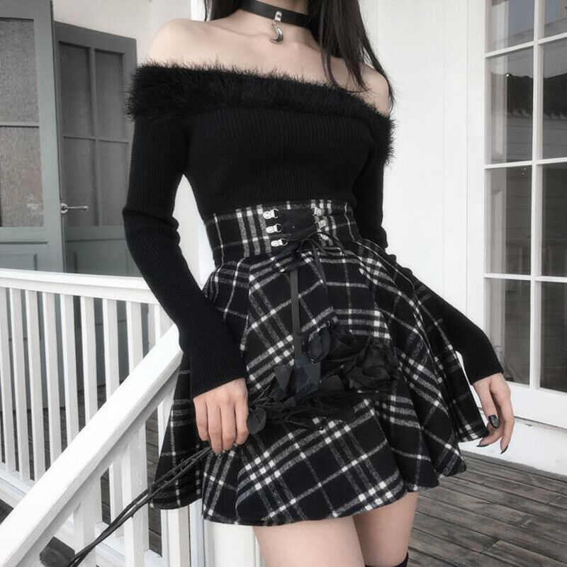 Gothic Skirt Women Autumn Winter High Waisted Lace-up Short Plaid Skirts +