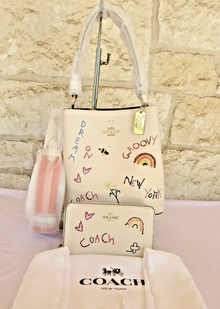 NEW Coach Small Town Bucket Bag +Wallet + DUST Bag SET Diary Embroidery  CHALK