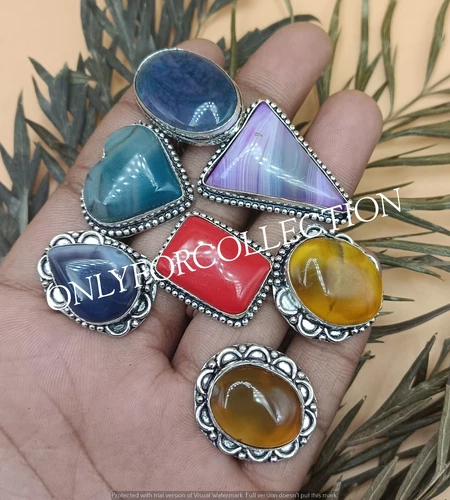 Banded Agate & Mix Gemstone 925 Sterling Silver Plated Wholesale  Lot Rings