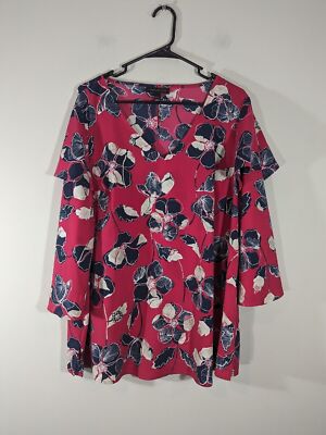 Lane Bryant Womens Pink Floral 3/4 Ruffle Sleeve Blouse Sz 14/16 Flowy Mature