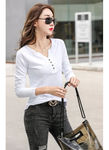 Womens Cotton Long Sleeve T Shirt Loose V Neck Slub Cotton Casual Blouse Tops US - Bild 43 von 49