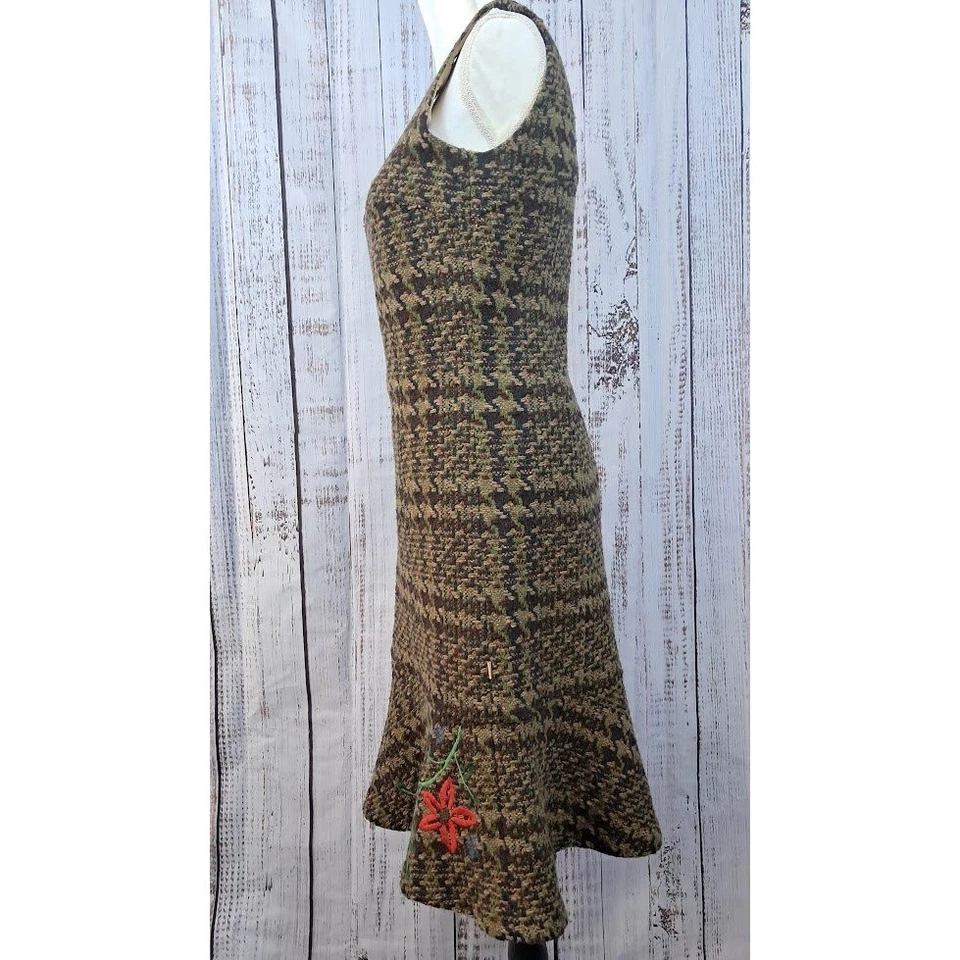 Vestido midi OILILY S marrón tweed lana pata de gallo sin mangas bordado retro Foto 4 de 4