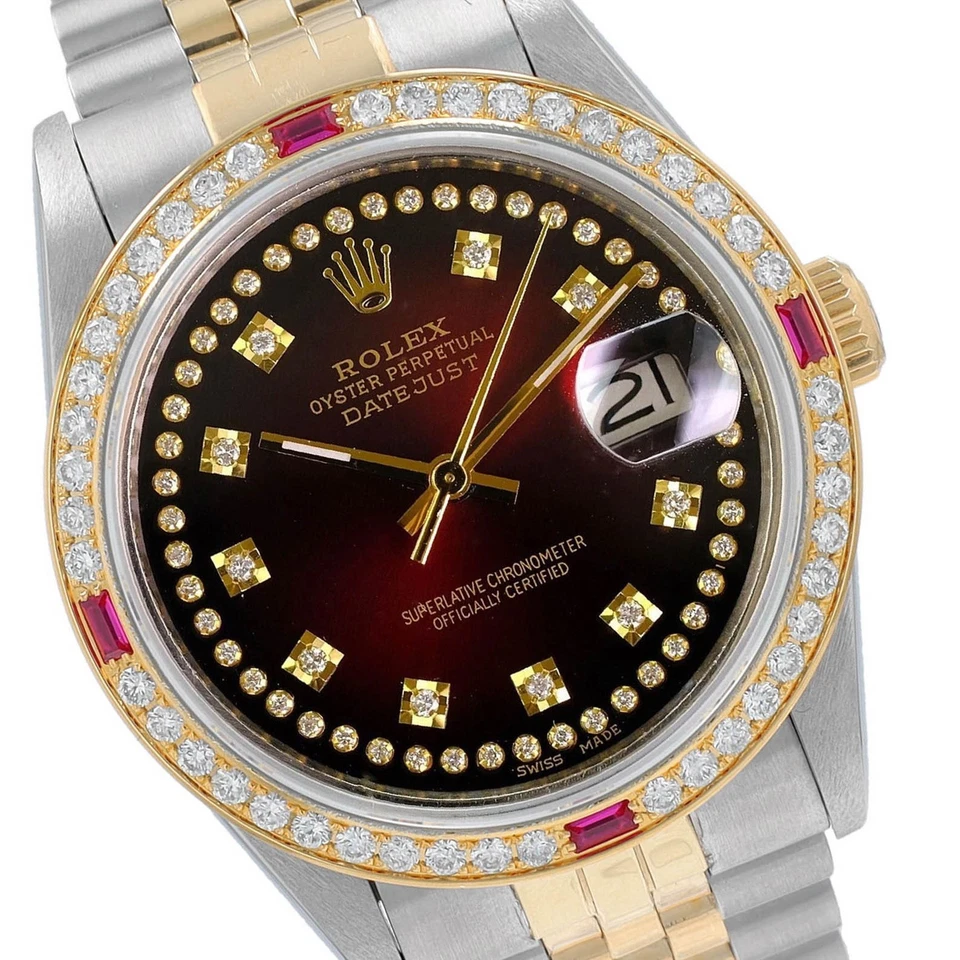 Rolex Datejust Dos Tonos Esfera Roja Bisel Diamante 36mm Reloj Hombre 16233 Automático