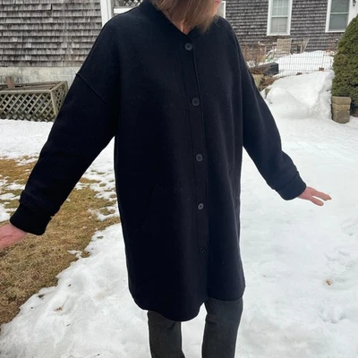Eileen Fisher 100% Wool Black Long Coat Button Front Ribbed Cuffs L/G