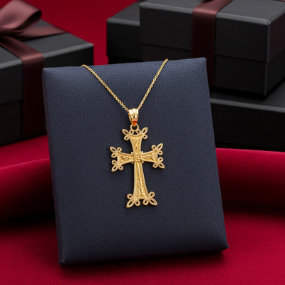 14K Yellow Gold Armenian Reversible Cross Pendant Necklace
