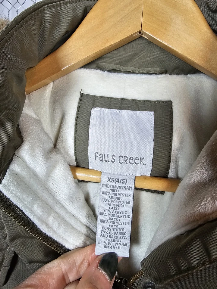 Girls' Winter Coat Size 4/5, Green, Faux Fur Rim Removable Hood, Falls Creek - Image 2 of 4