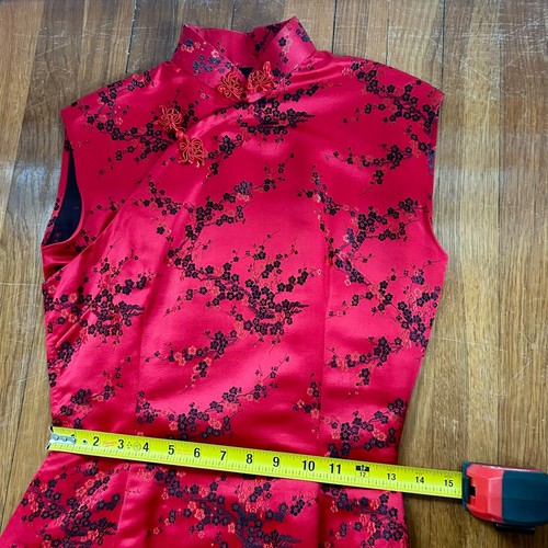 Vintage 1980s Chinese Brocade Cheongsam Dress Red/Black Satin Silk with Slip - Picture 13 of 17