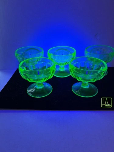 Set of 5 Uranium Green Vintage Depression Glass 3" Sherbet Cups