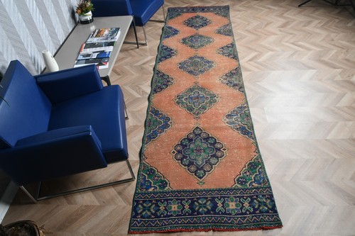 Vintage Turkish Runner Rug 3x11,4 ft, Orange Oriental Rug Wool