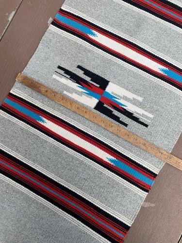 Vintage Chimayo Blanket Rug, Gray Teal Red Tribal 30s 40s 39x19" - Picture 7 of 10