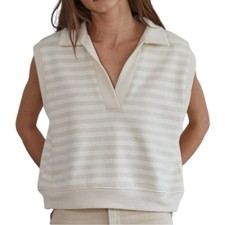 By Together L Natural Taupe Knit Cotton Stripe Collar Neck Sleeveless Vest Top