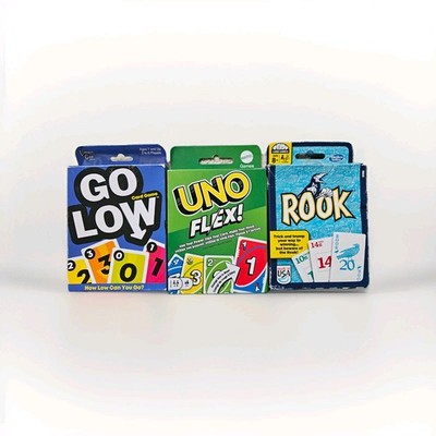 LOT OF 3 family card games: UNO FLEX, Rook, and GO LOW, all unopened cards!