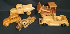 5 Vintage Handcrafted Wooden Vehicles, Bulldozer, Motorcycle, Packard, Truck