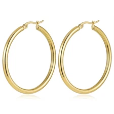 14K Real Solid Yellow Gold Shiny Polished Round Creole Hoop Earrings All Sizes