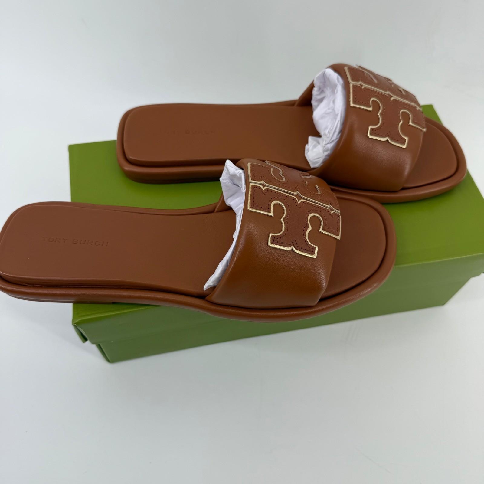 NEW Tory Burch Double T Sport slide Nappa Leather Bourbon Miele/ Gold 79985 W 8