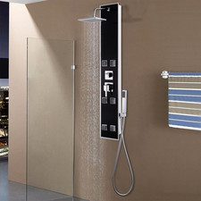 Shower Panel Black Stainless Steel Tempered Glass 18x42.1x120cm RainJets Massage