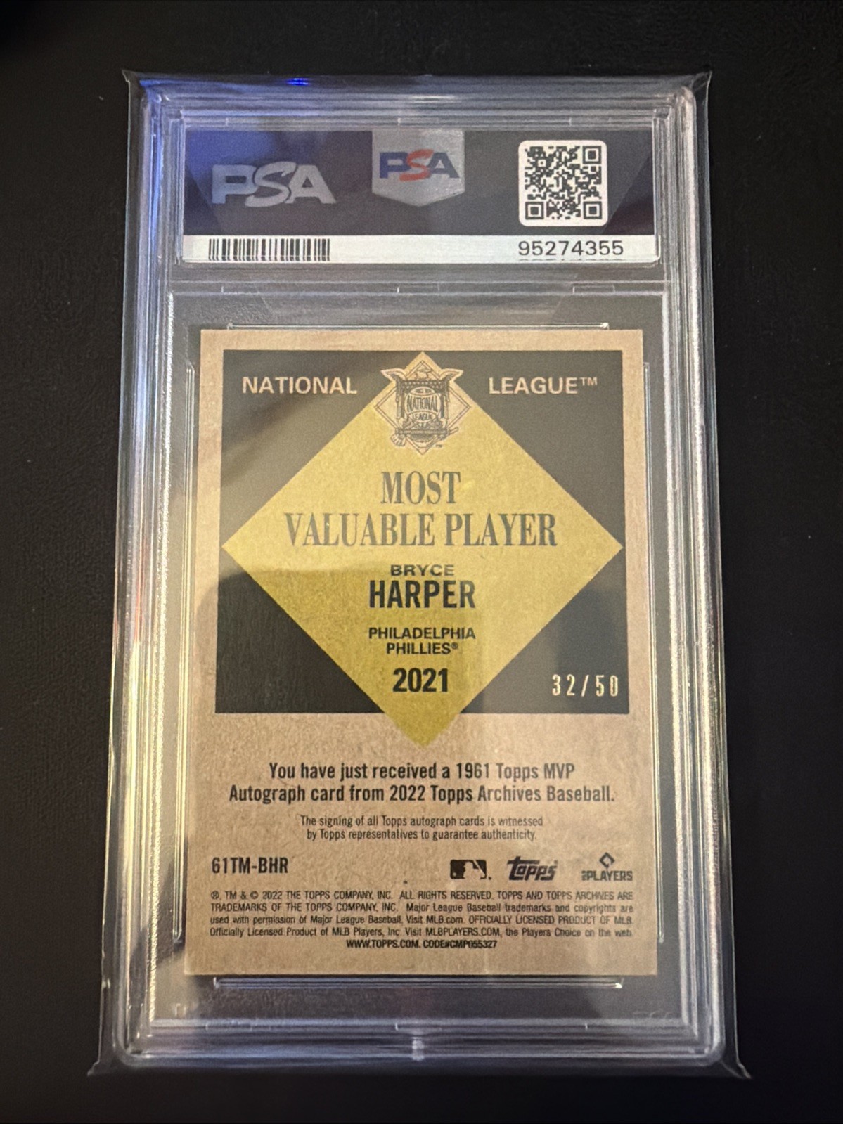 2022 Topps Archives #61TM-BHR Bryce Harper 1961 Autographs /50 PSA 9 view 2