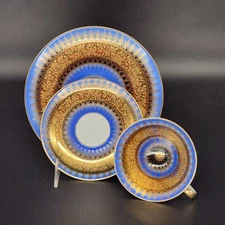 Set Of 3 Winterling Kirchenlamitz Bavaria Blue Gold Trio Tea Cup Saucer Plate